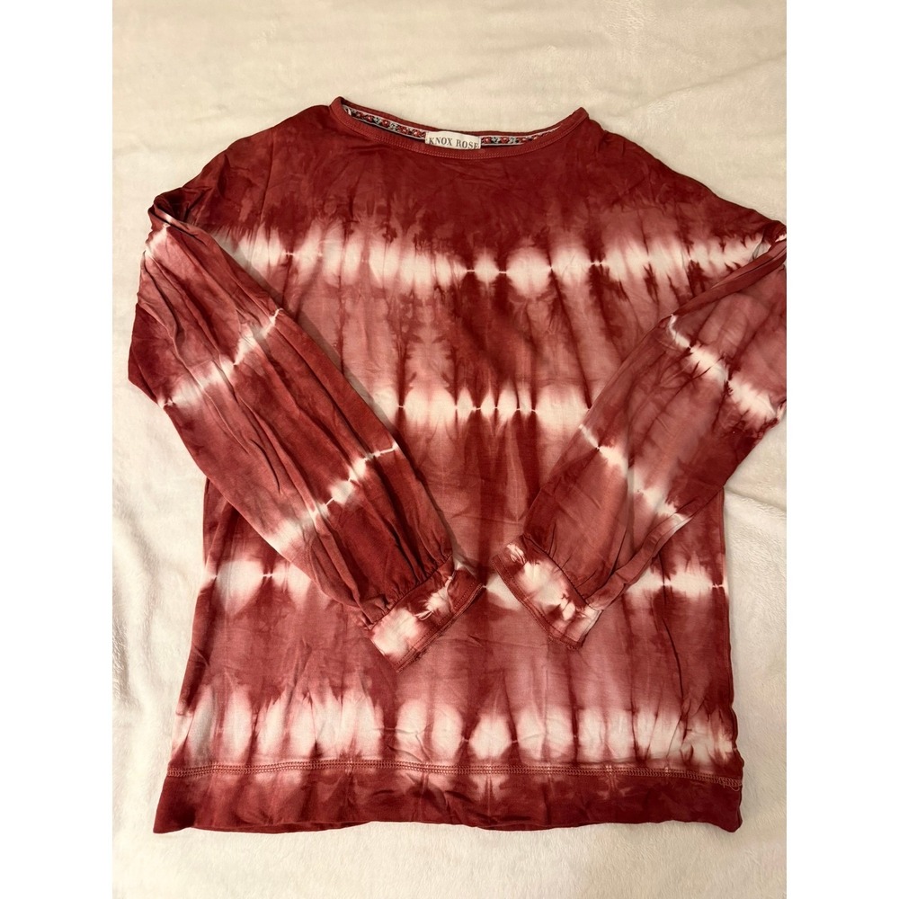 Knox Rose Womens Medium Red White Tie Dye Long Sleeve Fleece Pullover Top